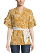 Leaf Printed Ruffle Tiered-sleeve Kimono