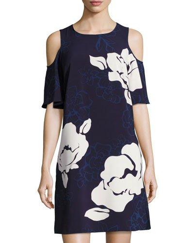 Cold-shoulder Floral-print Trapeze Dress, Dark Blue