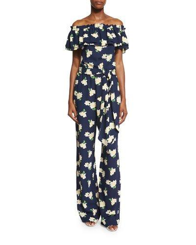 Off-the-shoulder Floral-print Jumpsuit, Indigo/white