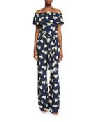 Off-the-shoulder Floral-print Jumpsuit, Indigo/white