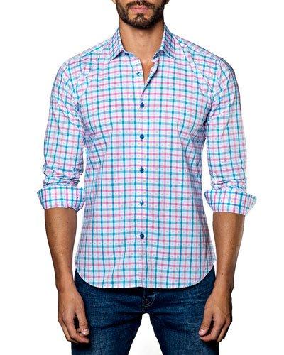 Grid-print Sport Shirt, Pink/blue