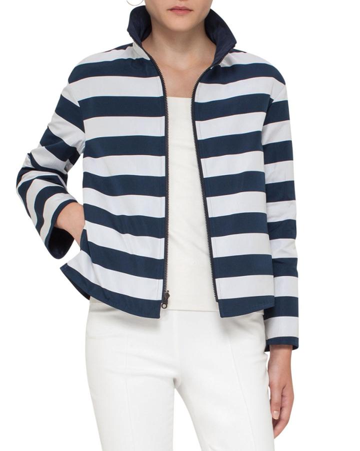 Striped Stand-collar Jacket, Navy/cream