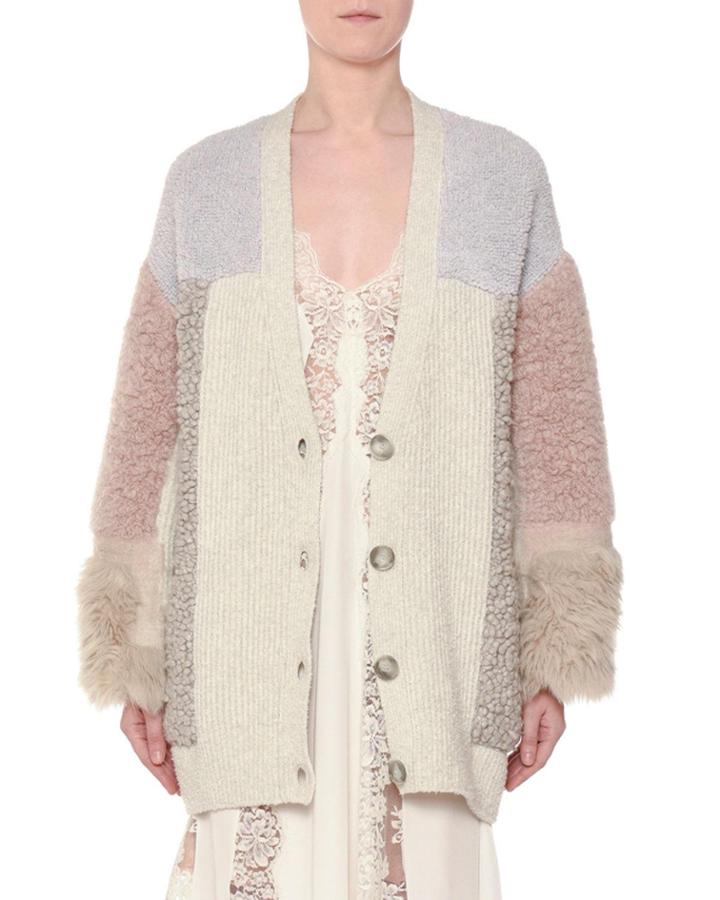 V-neck Button-front Mixed-media Cardigan