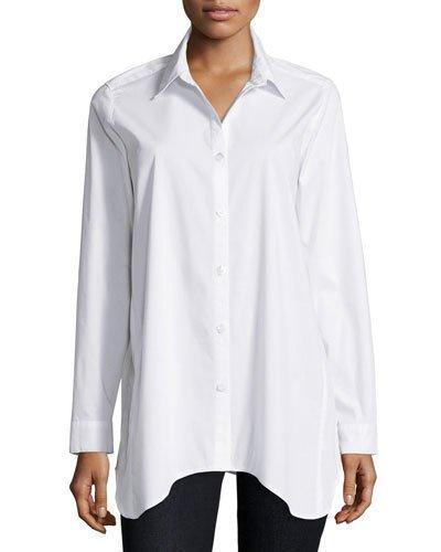 Long-sleeve Collared Shirt W/ Center Back Placket, White