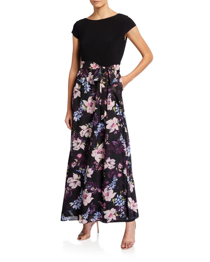 Short-sleeve V-back Floral Combo Cocktail Dress