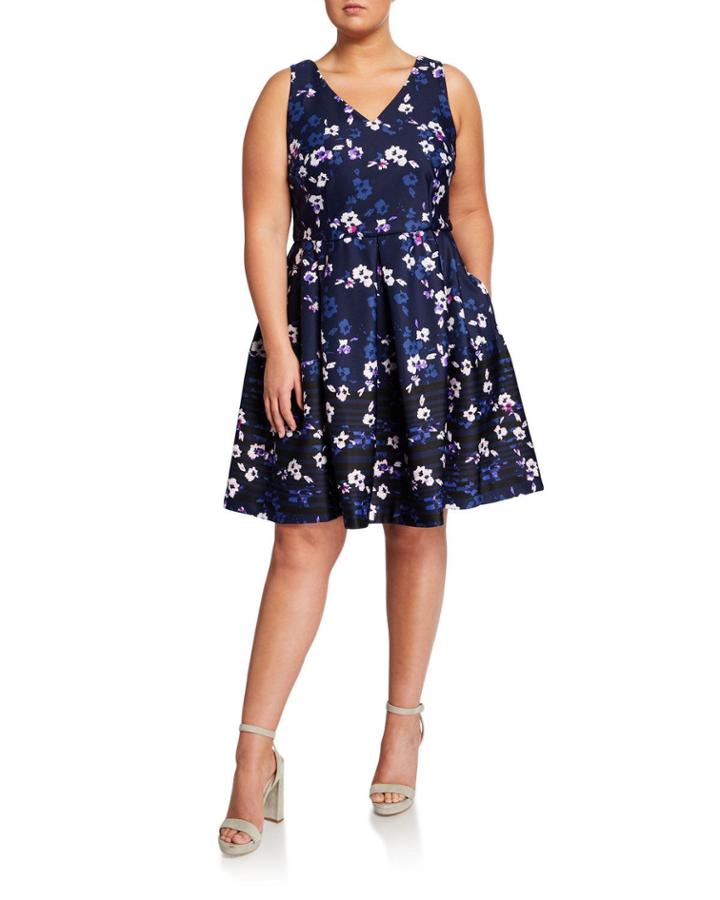 Plus Size Floral V-neck Sleeveless Fit-&-flare Dress