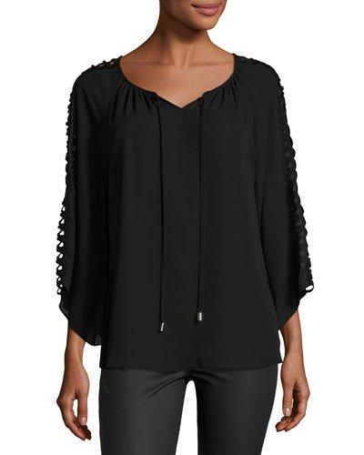 Lattice-sleeve Peasant Blouse, Black