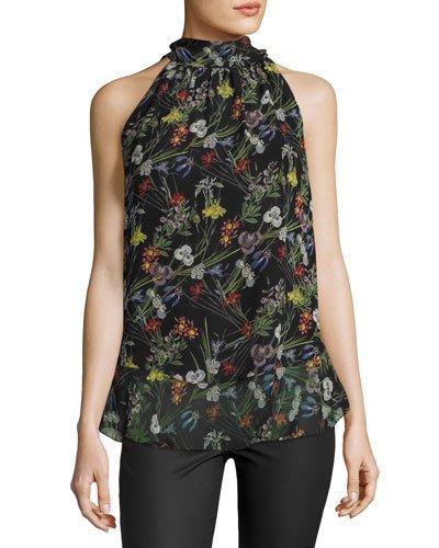Halter-neck Floral-print Georgette Top, Black Pattern