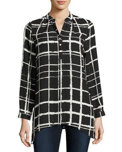 Grid-print Henley Blouse, Black/white