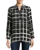 Grid-print Henley Blouse, Black/white