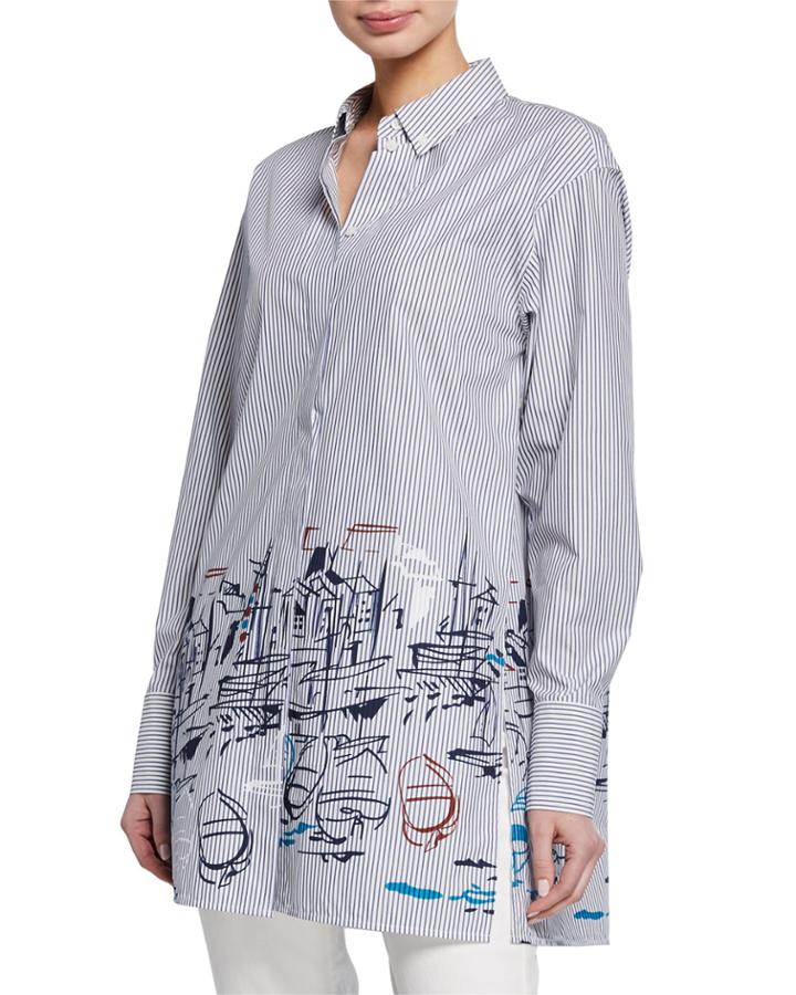 Kehlani Striped Lido-print Button-down Long-sleeve Blouse
