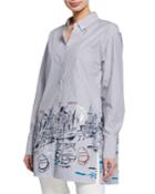 Kehlani Striped Lido-print Button-down Long-sleeve Blouse