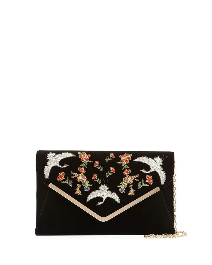 Crane Embellished Velvet Clutch Bag