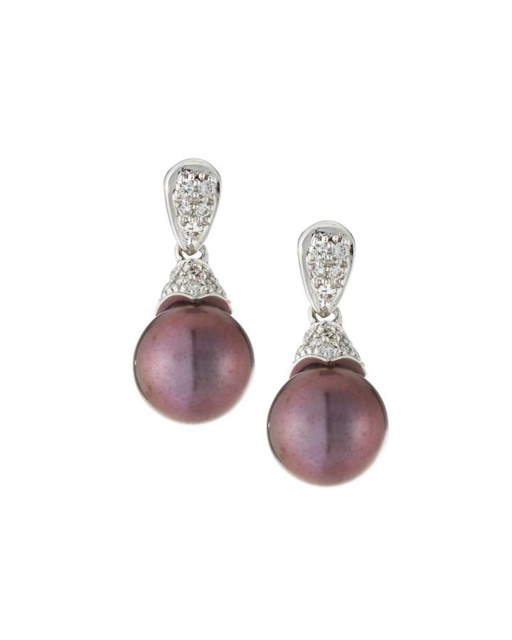 14k White Gold Diamond Pave & Pearl Drop Earrings