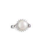 14k White Gold Diamond & Freshwater Pearl Flower Ring,