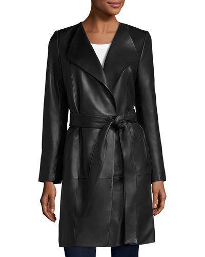 Belted Leather Wrap Coat, Black