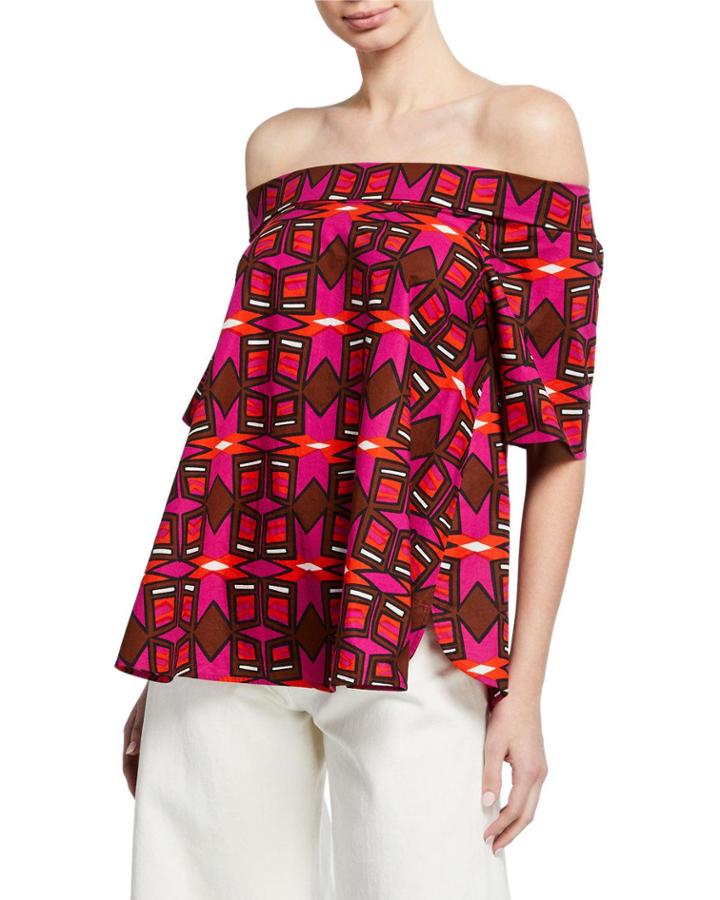 Off-the-shoulder Short-sleeve Geometric-print Cotton Poplin Top