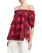 Off-the-shoulder Short-sleeve Geometric-print Cotton Poplin Top