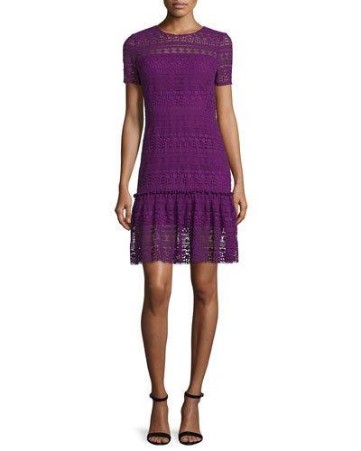 Jacey Lace Short-sleeve Dress, Garnet