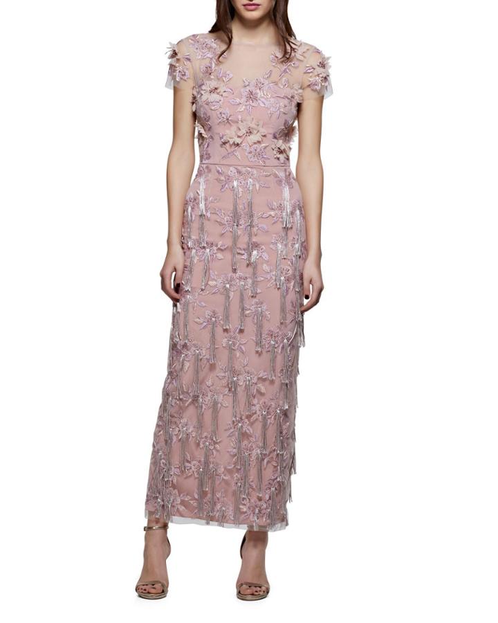 Cap-sleeve 3-d Floral & Tassels Embroidered Long Formal Dress