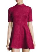 Mock-neck Faux-suede Fit & Flare Dress, Brown