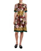 Short-sleeve Silk Twill Baroque Dress
