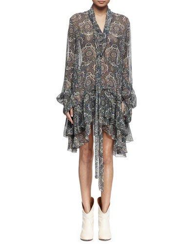 Long-sleeve Tile-print Tiered Dress, Khaki