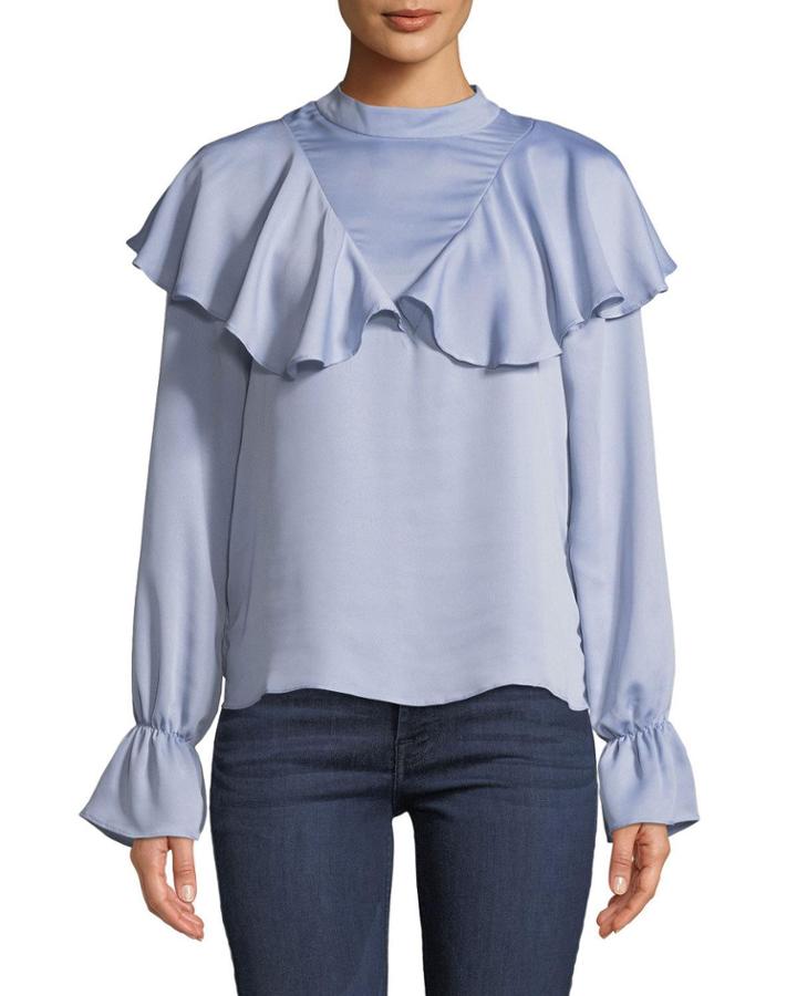 Flounce-yoke Mock-neck Blouse