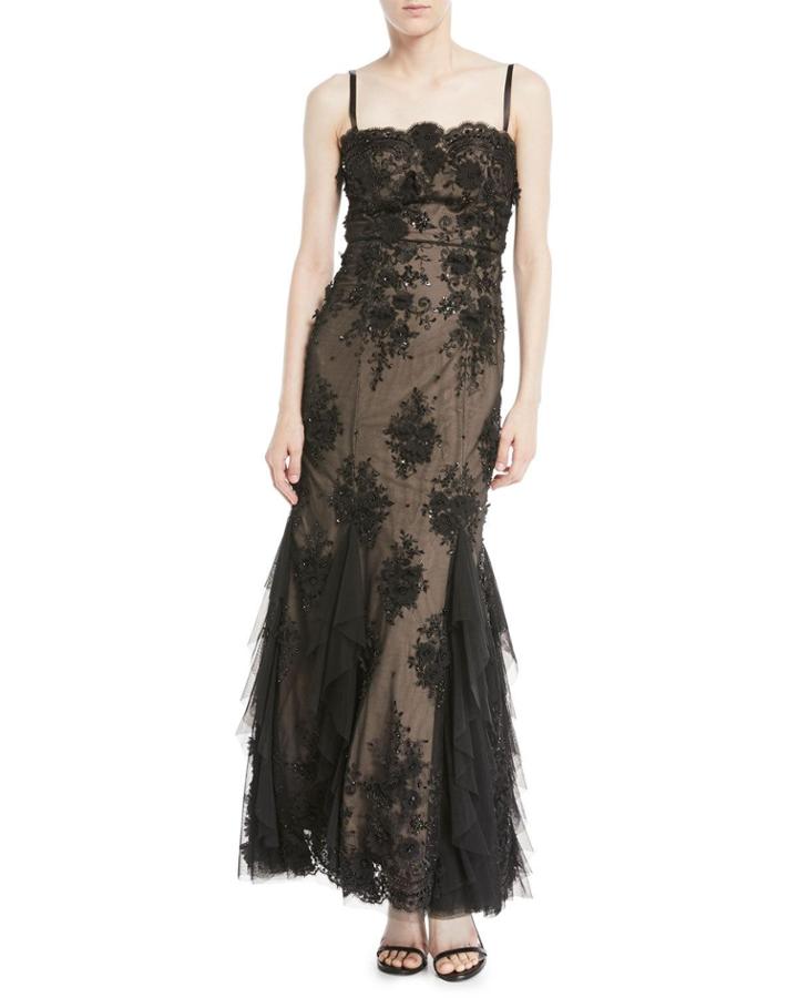 3d Embellished Bustier Gown W/ Godet Inserts