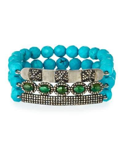 Triple-row Turquoise, Diamond & Onyx Beaded Stretch Bracelet