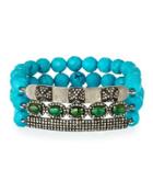 Triple-row Turquoise, Diamond & Onyx Beaded Stretch Bracelet