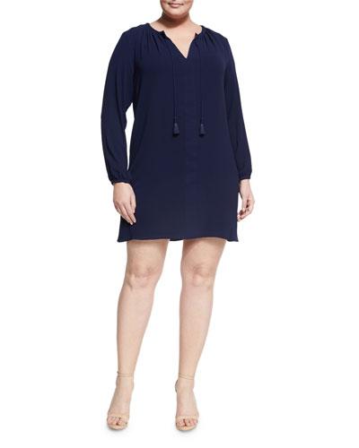 Tassel-tie Shift Dress, Navy,
