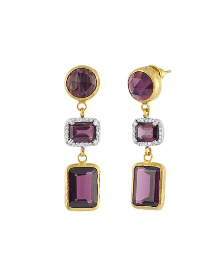 One-of-a-kind 3-drop Earrings W/ Rhodolite
