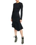 Maddox Crewneck Long-sleeve Crepe Dress W/ Asymmetric Hem