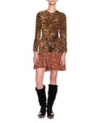 Leopard & Paisley Ruched Long-sleeve Minidress, Ivory