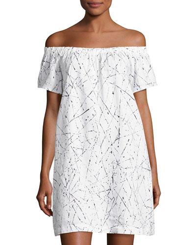 Off-the-shoulder Linen Dress, White/blue