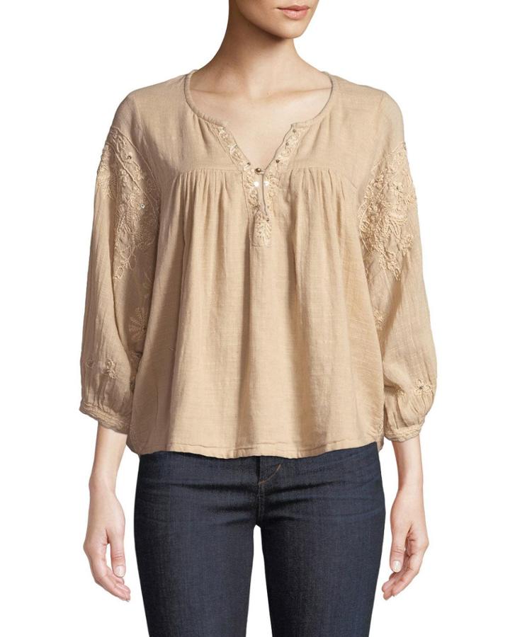 Floral Embroidered V-neck Peasant Blouse