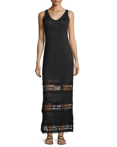 Linen Lace-inset Sleeveless Maxi Dress, Black