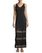 Linen Lace-inset Sleeveless Maxi Dress, Black