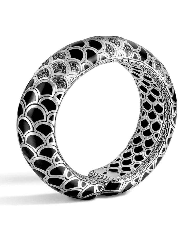 Naga Silver Lava & Enamel Slim Flex Cuff With Black Enamel And Sapphires,