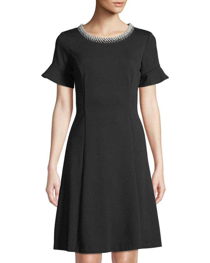 Pearlescent-neck Ruffle-cuff A-line Dress