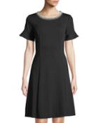 Pearlescent-neck Ruffle-cuff A-line Dress