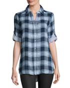 Plaid Roll Tab-sleeve Blouse,