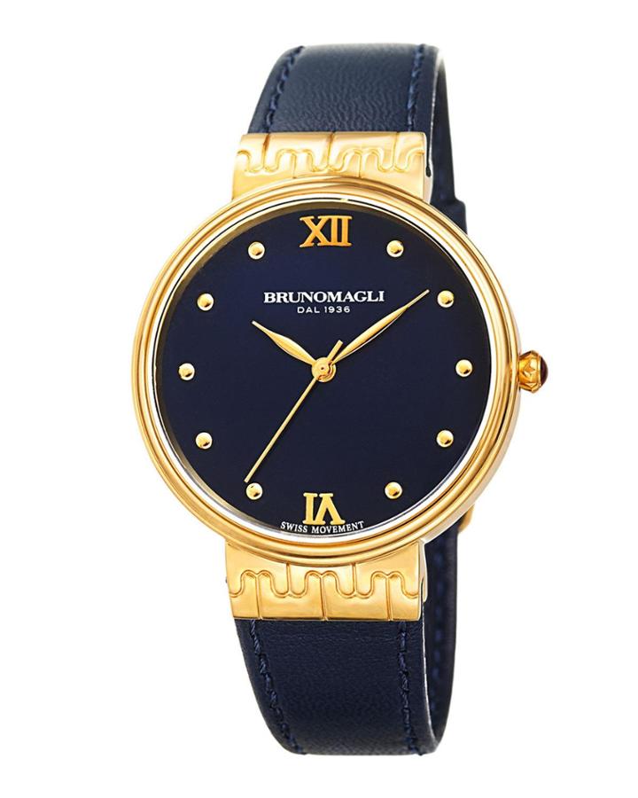 36mm Isabella Leather Watch, Navy/gold