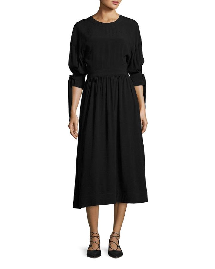 Tie-sleeve Cutout-back Midi Dress, Black