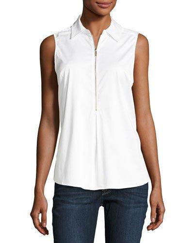 Sleeveless Zip-placket Blouse, White