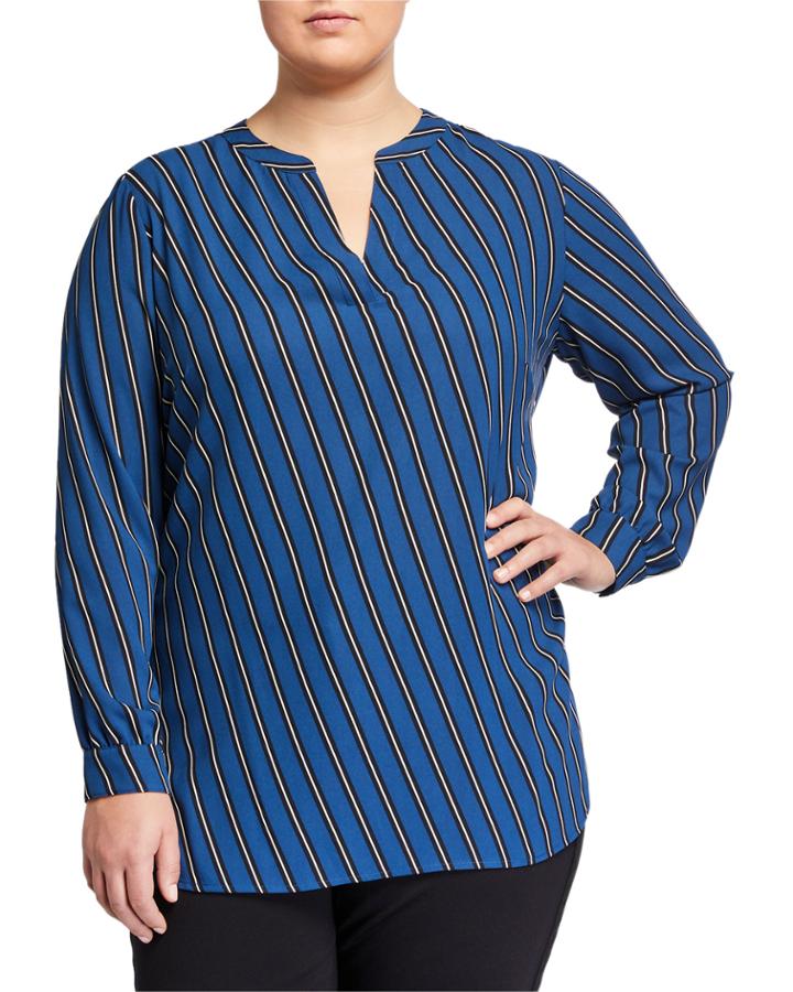 Plus Size Striped Split-neck Blouse