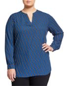 Plus Size Striped Split-neck Blouse