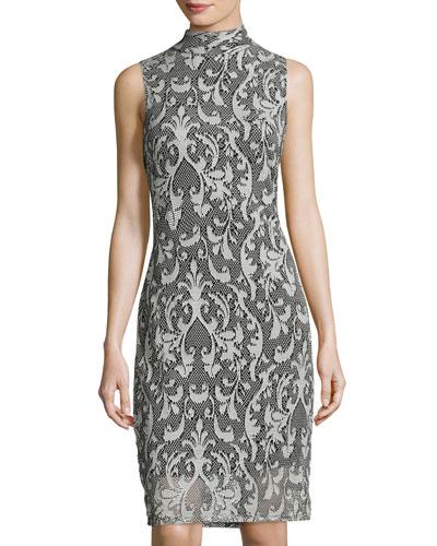 Lace Damask-print Sheath Dress, Gray