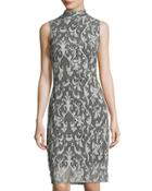 Lace Damask-print Sheath Dress, Gray